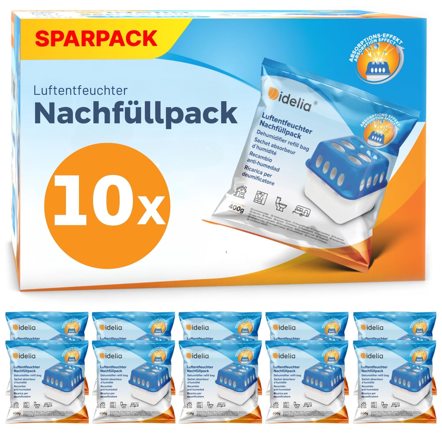 Gaisa mitruma absorbents Idelia® 10x 400g, mitruma savācējs ar uzpildes komplektu, pelējuma un smaku aizsardzība