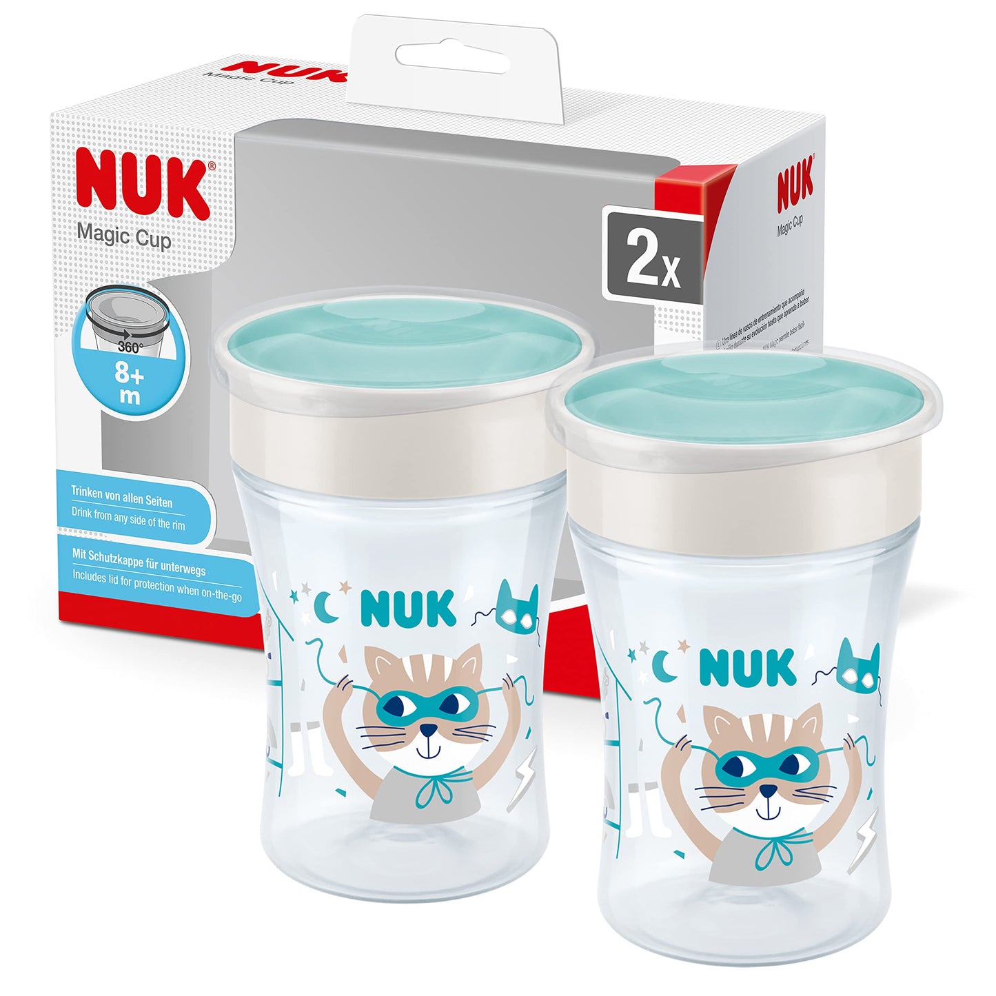 NUK Magic Cup mācību krūzīte, 8+ mēn., 230 ml, necaurlaidīgs 360° dzeršanas malas, pelēka, 2 gab.