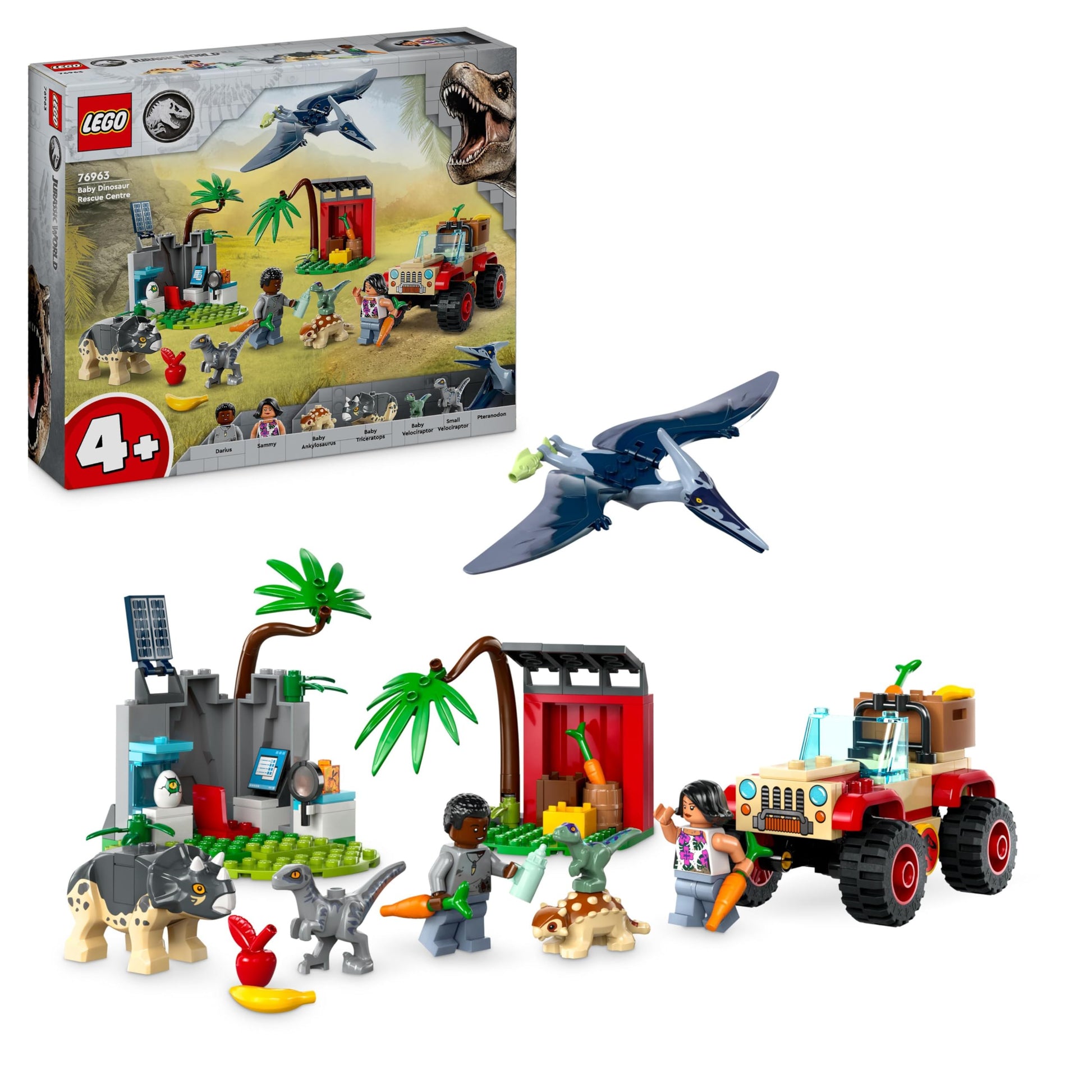 LEGO Jurassic World glābšanas centrs - komplekts ar triceratopsu, ankilozauru un velociraptoru, dāvana bērniem no 4 gadu vecuma.