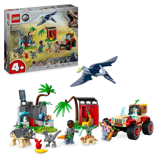 LEGO Jurassic World glābšanas centrs - komplekts ar triceratopsu, ankilozauru un velociraptoru, dāvana bērniem no 4 gadu vecuma.