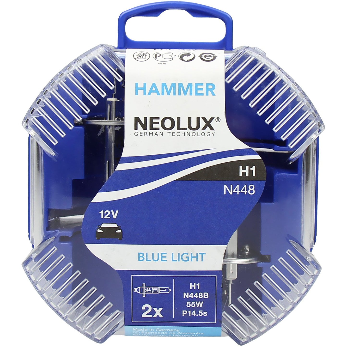 NEOLUX HAMMER BOX Zilā gaisma H1 halogēna prožektora spuldze N448B 12V 55W P14.5s Xenon izskats 2 gabalu komplektā