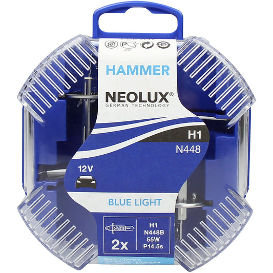NEOLUX HAMMER BOX Zilā gaisma H1 halogēna prožektora spuldze N448B 12V 55W P14.5s Xenon izskats 2 gabalu komplektā