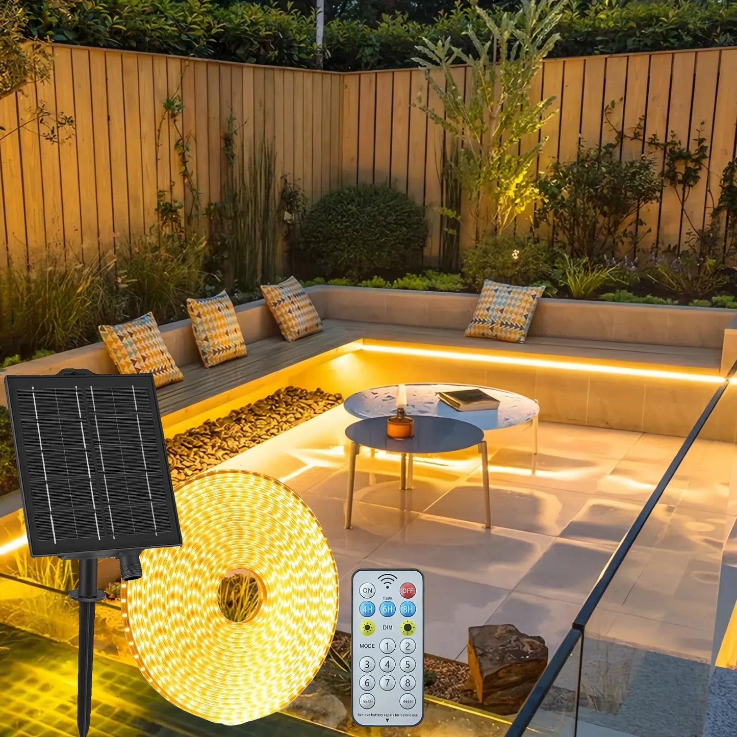 Saules LED lente āra lietošanai, Gaoxun 10 m 640 LED ārējā lente, IP68 ūdensizturīga ar pulti, dimmējama, 8 režīmi, elastīga LED lente dārzam, terasei, balkonam, paviljonam, takai, dzegai, silti balta