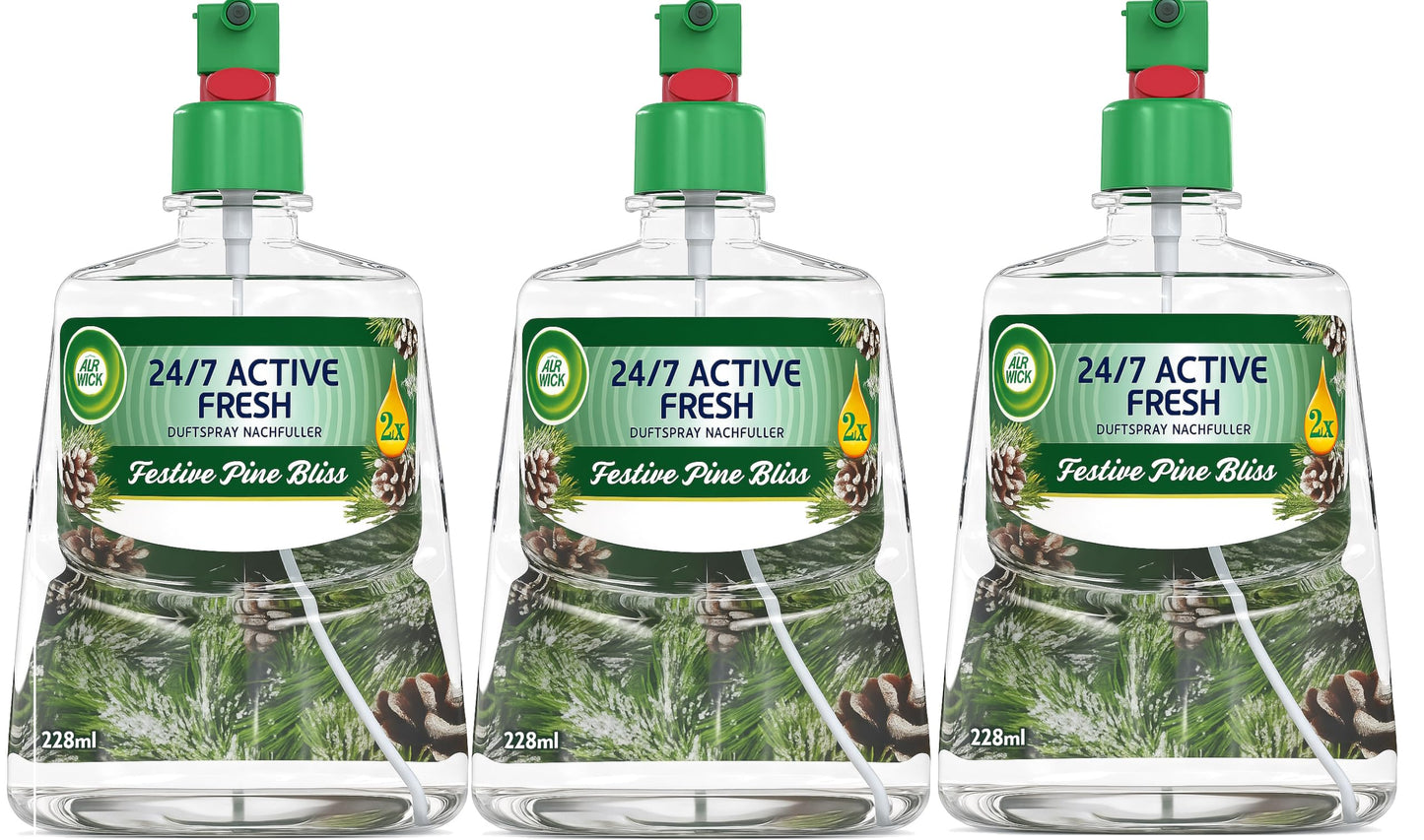 Air Wick Active Fresh – aerosola nesaturošs automātiskais gaisa atsvaidzinātājs – telpas aromāts Festive Pine Bliss – 3 x 228 ml uzpilde
