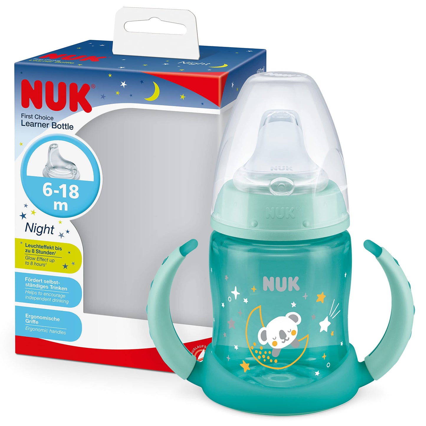NUK First Choice Night mācību krūzīte, 150 ml, spīd tumsā ērtai atrašanai, ar rokturiem un mīkstu dzeršanas snīpīti, hermētiska, 6-18 mēn., Anti-Colic, Koala (tirkīza)