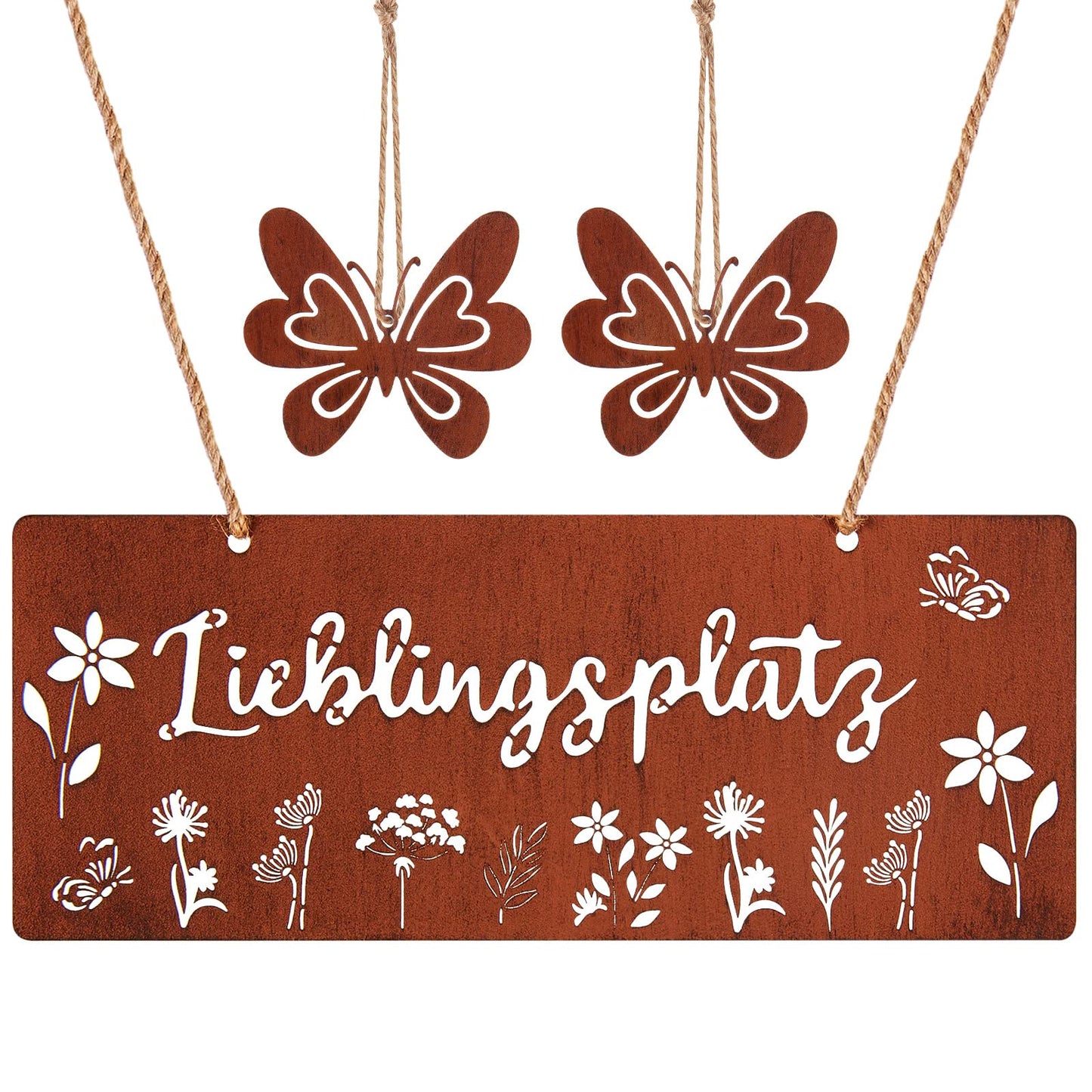 Rūsas krāsas metāla dekoratīvā piekaramā plāksne Otuuz “mīļākā vieta”, 25 x 10 cm, rustikāls durvju sienas dekors ar 2 tauriņiem, vasaras dārza dekors