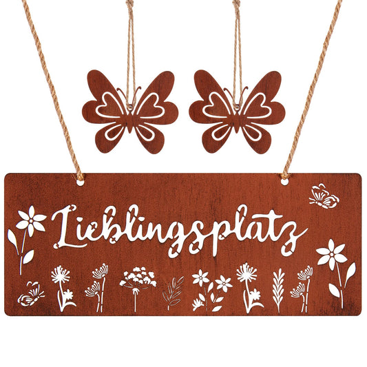 Rūsas krāsas metāla dekoratīvā piekaramā plāksne Otuuz “mīļākā vieta”, 25 x 10 cm, rustikāls durvju sienas dekors ar 2 tauriņiem, vasaras dārza dekors