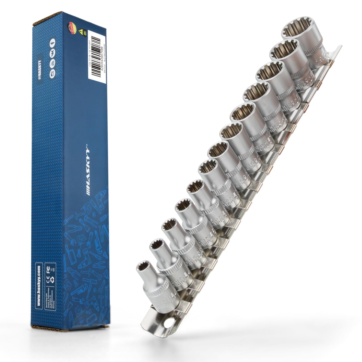 HASKYY 13 daļu 1/4" uzgriežņu atslēgu komplekts 4-14mm, 6-12-kant, Torx, daudzzobu, E-profilam