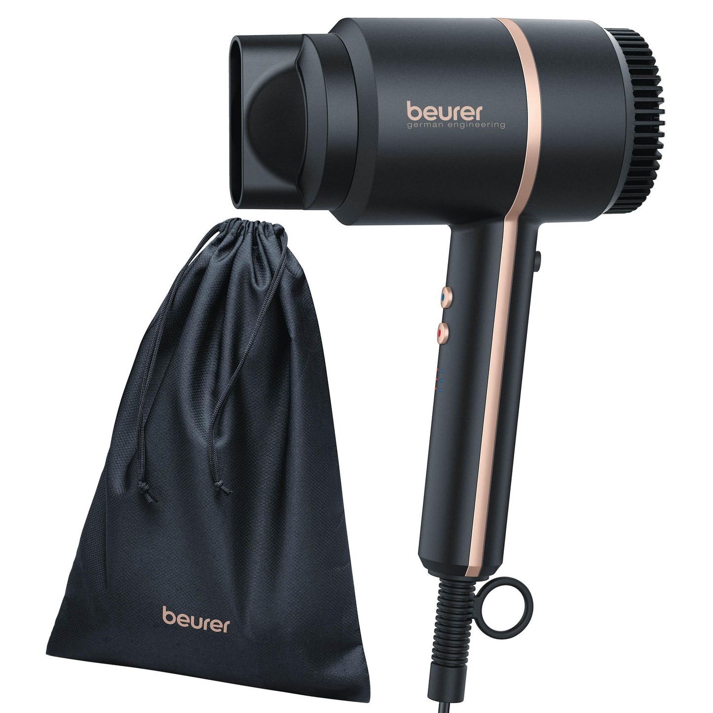 Beurer HC 35 matu fēns, kompakts fēns ar jonu funkciju spīdīgiem un gludiem matiem, ieskaitot stila uzgali, jaudīgs 1600-2000 vati, eleganta LED displejs, uzglabāšanas soma, melns