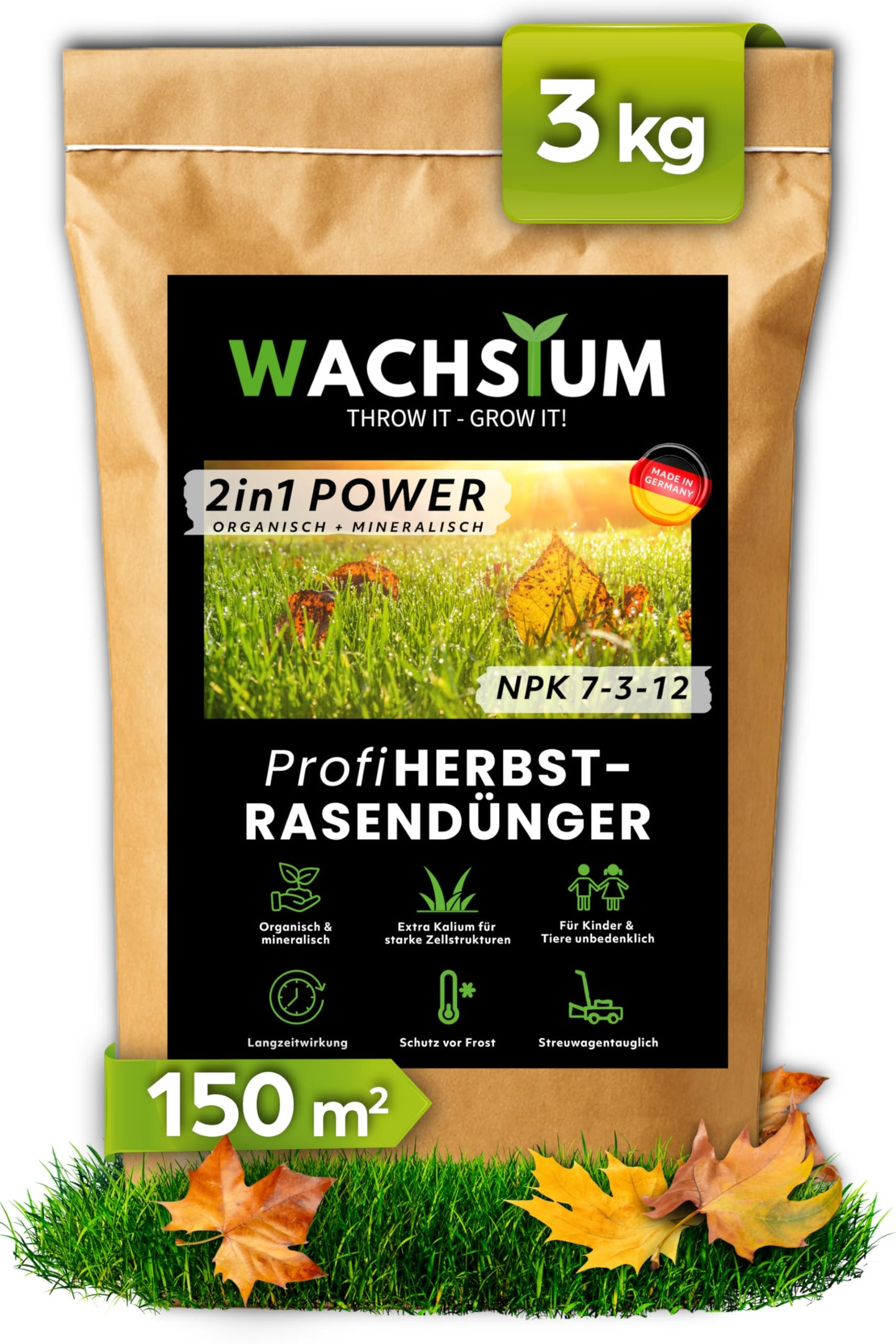 Rudens zāliena mēslojums WACHSTUM Turbo 3kg 150 m², organiski minerāls, kālija mēslojums stiprām saknēm, ziemcietīgs ar ilgstošu iedarbību, 2in1