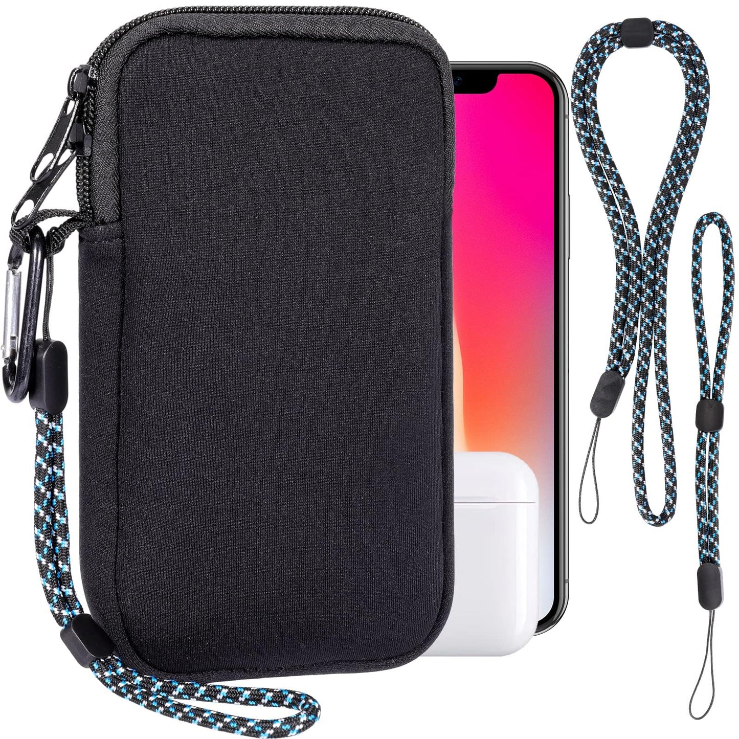 Tālruņa somiņa viedtālruņiem, universāls neoprēna tālruņa maciņš ar karabīni un plecu siksnu iPhone 15 16 Plus Pro Max Samsung, Phone 7,5 Zoll,Black,L