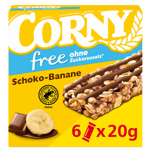 Musli batoniņi Corny Free ar šokolādes un banānu garšu | Bez pievienota cukura | 69kcal | 6x20g