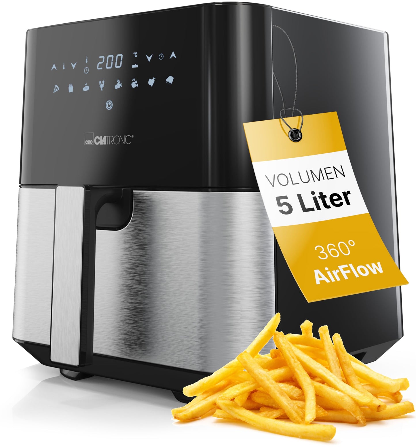 Clatronic® XXL Airfryer - 5L capacity, stainless steel, digital touchscreen, 360° airflow, 8 cooking programs.