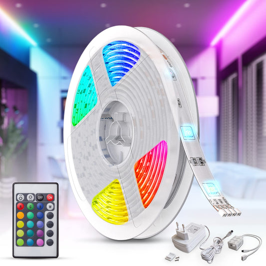 LED lente 5m ar tālvadības pulti, B.K.Licht, RGB krāsains gaismas josla, dimmējama, krāsu maiņa, istabas dekors, gaming dekors, 500 x 1 x 3 cm, balta