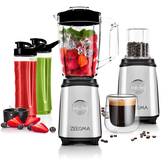 ZEEGMA Vitamine 4-in-1 mikseris 1050W - 1L krūze, sulu spiede, smūtiju gatavotājs, kafijas dzirnaviņas, drošības slēdzis.