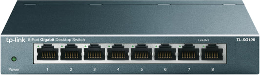 Tīkla komutators TP-Link TL-SG108, 8 porti, Gigabit Ethernet, RJ-45 LAN porti, metāla korpuss, IGMP Snooping, nepārvaldāms, bez ventilatora, metāliski zils