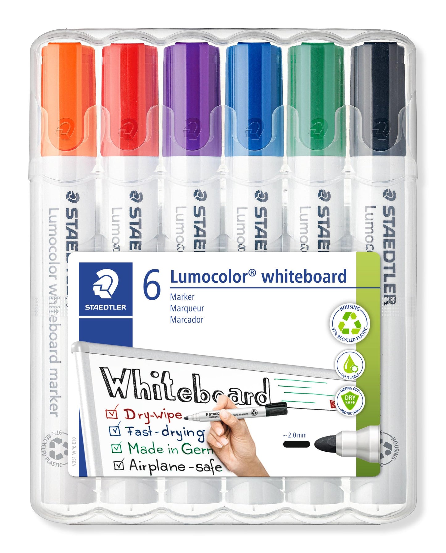Tāfeles marķieri STAEDTLER Lumocolor 351 WP6, dzēšami bez pēdām, apaļš gals, 2 mm, 6 krāsas