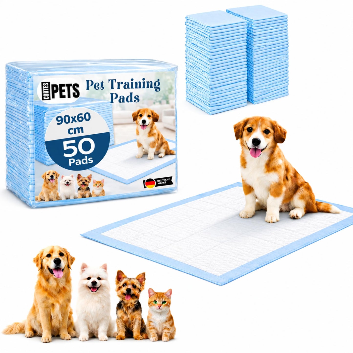 Kucēnu paladziņi CORTES PETS 90 x 60 cm, 50 gab. - absorbējoši un necaurlaidīgi higiēnas paladziņi suņiem, treniņpaladziņi kucēniem un suņiem