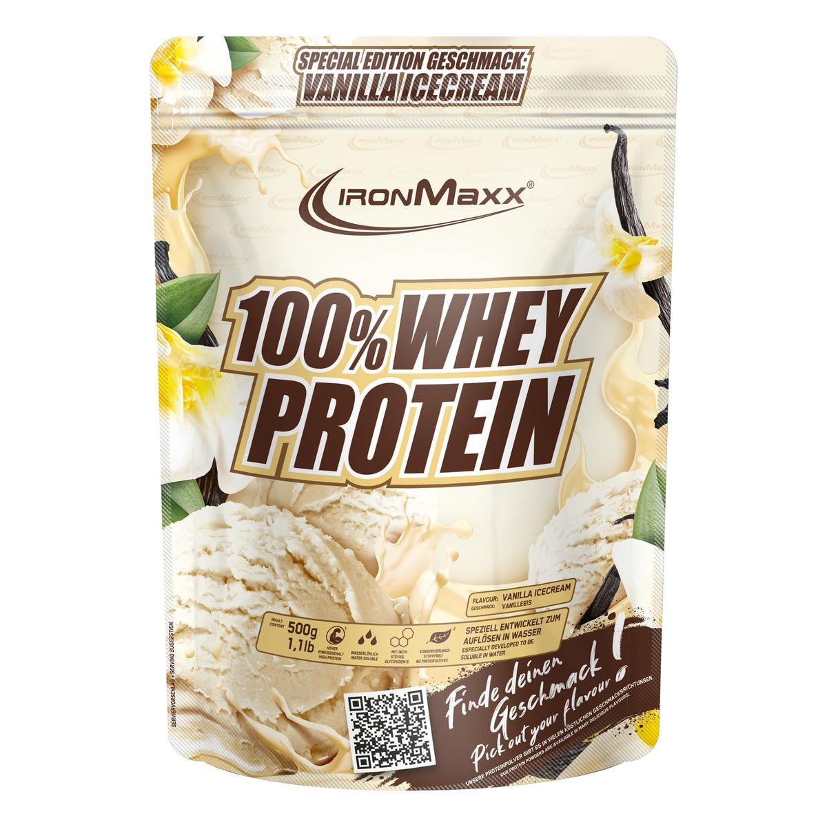 Sūkalu proteīns IronMaxx 100% Whey Protein Pulver 500g - Vanilla Ice Cream | Krēmīgs proteīna kokteilis ar BCAA un EAA | Augsts proteīna saturs, maz ogļhidrātu un maz cukura | Muskuļu masas audzēšanai un fitnesam