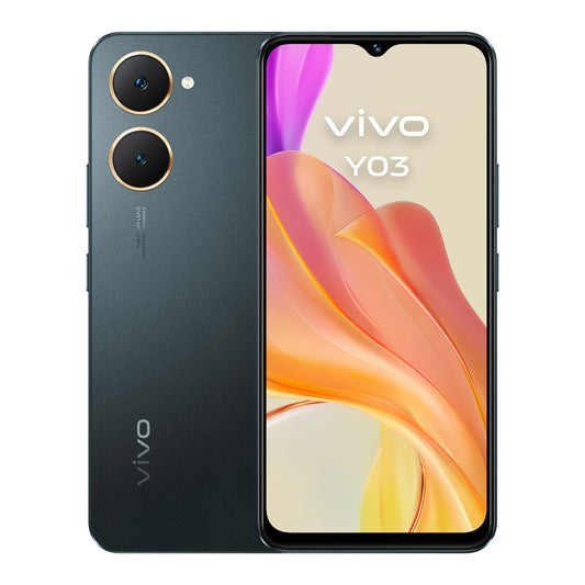 vivo Y03 viedtālrunis - 4 GB RAM, 128 GB ROM, 6,56" 90 Hz displejs, 5000 mAh akumulators, IP54, plāns korpuss, Android 14, melns