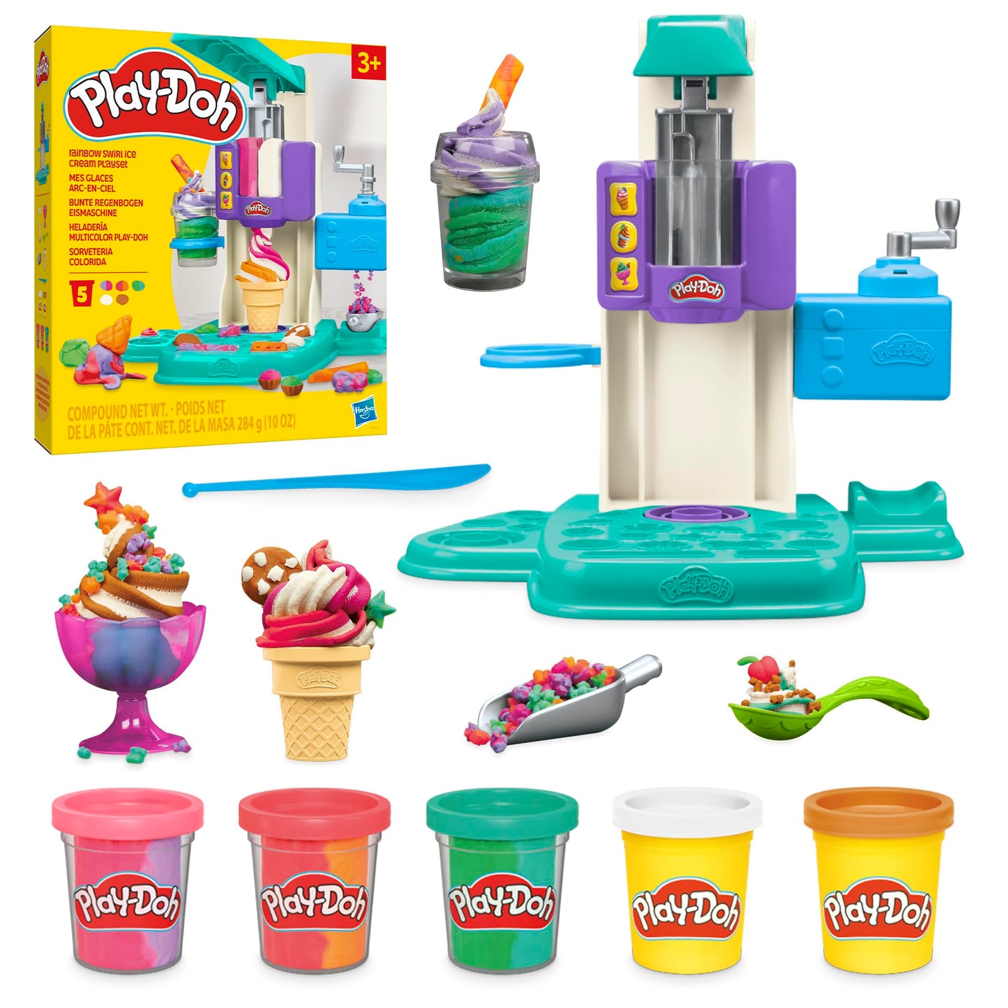 Play-Doh krāsainā varavīksnes saldējuma mašīna, 2 x 56g vienkrāsains un 3 x 56g divkrāsu, spēļu virtuves komplekts ar piederumiem, radošas rotaļas bērniem no 3 gadiem