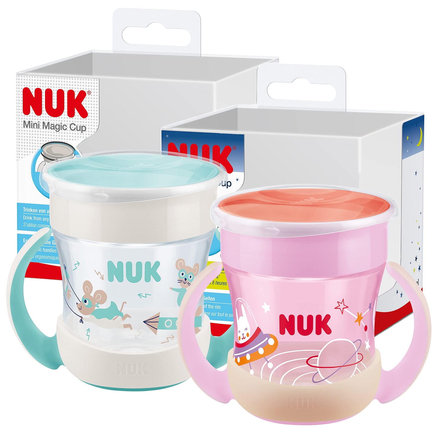 NUK Mini Magic Cup Night mācību krūzīte | 6+ mēneši | 160 ml | 360° neiztecīgs dzeršanas maliņš no jebkuras puses | spīd tumsā | rokturi ērtai satveršanai | Zaķītis (rozā) | 2 gab.