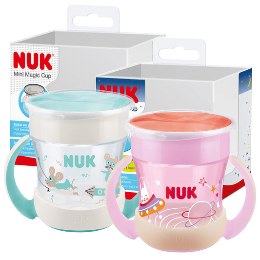 NUK Mini Magic Cup Night mācību krūzīte | 6+ mēneši | 160 ml | 360° neiztecīgs dzeršanas maliņš no jebkuras puses | spīd tumsā | rokturi ērtai satveršanai | Zaķītis (rozā) | 2 gab.