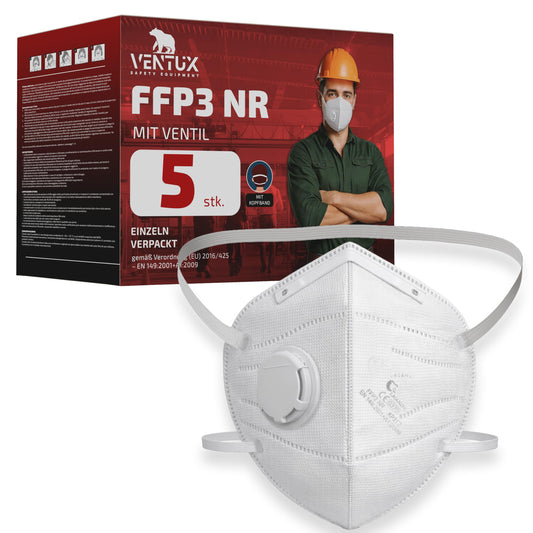 FFP3 maska ar ventili, VENTUX SAFETY EQUIPMENT, 5 gab. iepakojums, salokāma, CE sertificēta, darbam būvlaukumā un industrijā