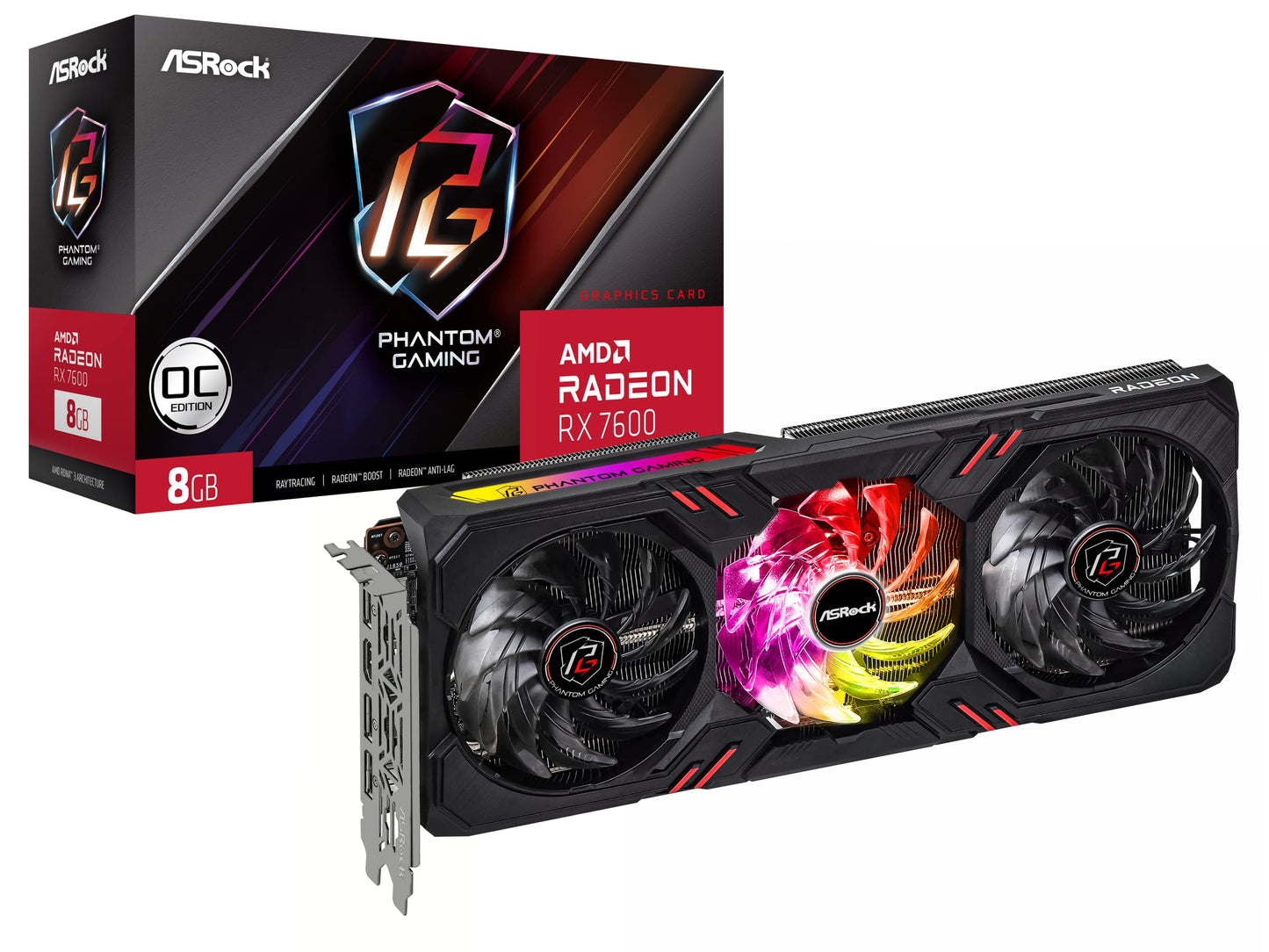 Asrock Radeon RX 7600 Phantom Gaming 8G OC - 8GB GDDR6, overclocked performance, advanced cooling design, gaming graphics card
