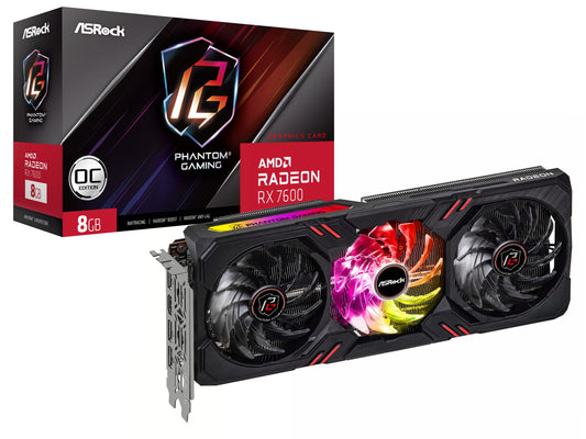 Asrock Radeon RX 7600 Phantom Gaming 8G OC - 8GB GDDR6, overclocked performance, advanced cooling design, gaming graphics card