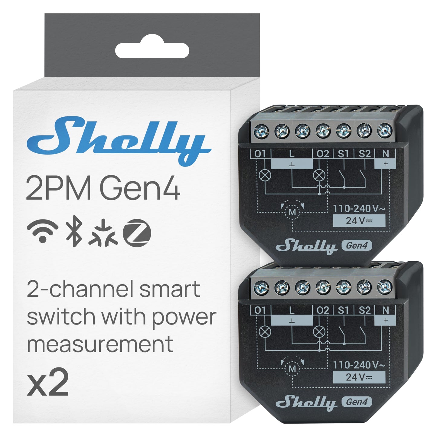 Viedais releja slēdzis Shelly 2PM Gen4, WLAN žalūzijām un rullo žalūzijām, enerģijas patēriņa mērītājs, 2 kanāli, 16A, apgaismojuma slēdzis, viedā māja, taimeris, Alexa, Google un HomeKit, Matter, centrmezgls nav nepieciešams, 2 gab.