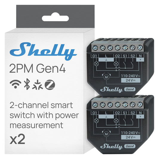 Viedais releja slēdzis Shelly 2PM Gen4, WLAN žalūzijām un rullo žalūzijām, enerģijas patēriņa mērītājs, 2 kanāli, 16A, apgaismojuma slēdzis, viedā māja, taimeris, Alexa, Google un HomeKit, Matter, centrmezgls nav nepieciešams, 2 gab.
