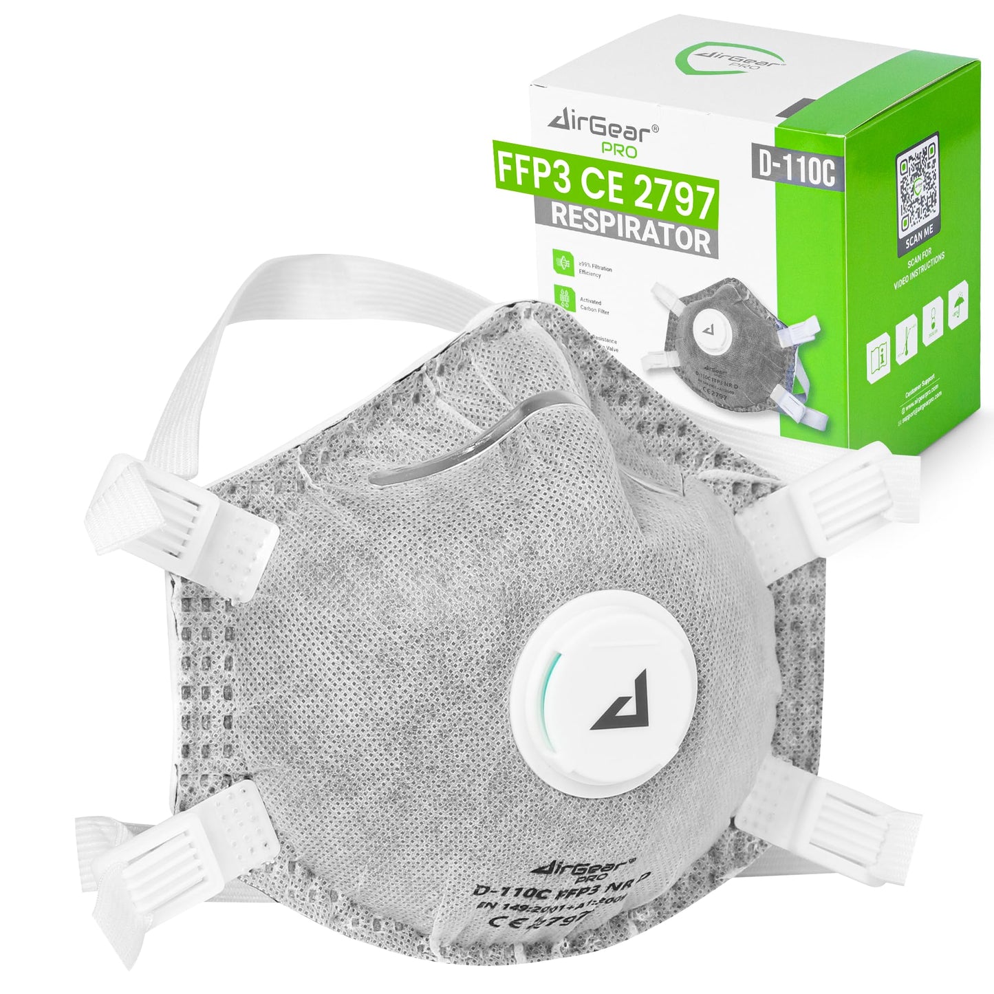 AirGearPro D-110C FFP3 respirators ar vārstu, 20 gab., putekļu maska