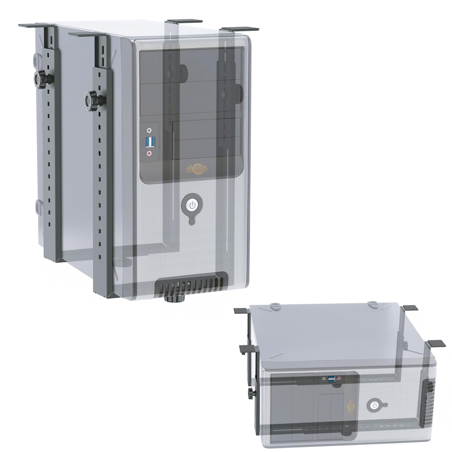 RICOO PC turētājs zem rakstāmgalda TRH02-B, platuma un augstuma regulējams datora turētājs vertikālai vai horizontālai montāžai zem galda, datora korpusiem līdz 35 kg, melns