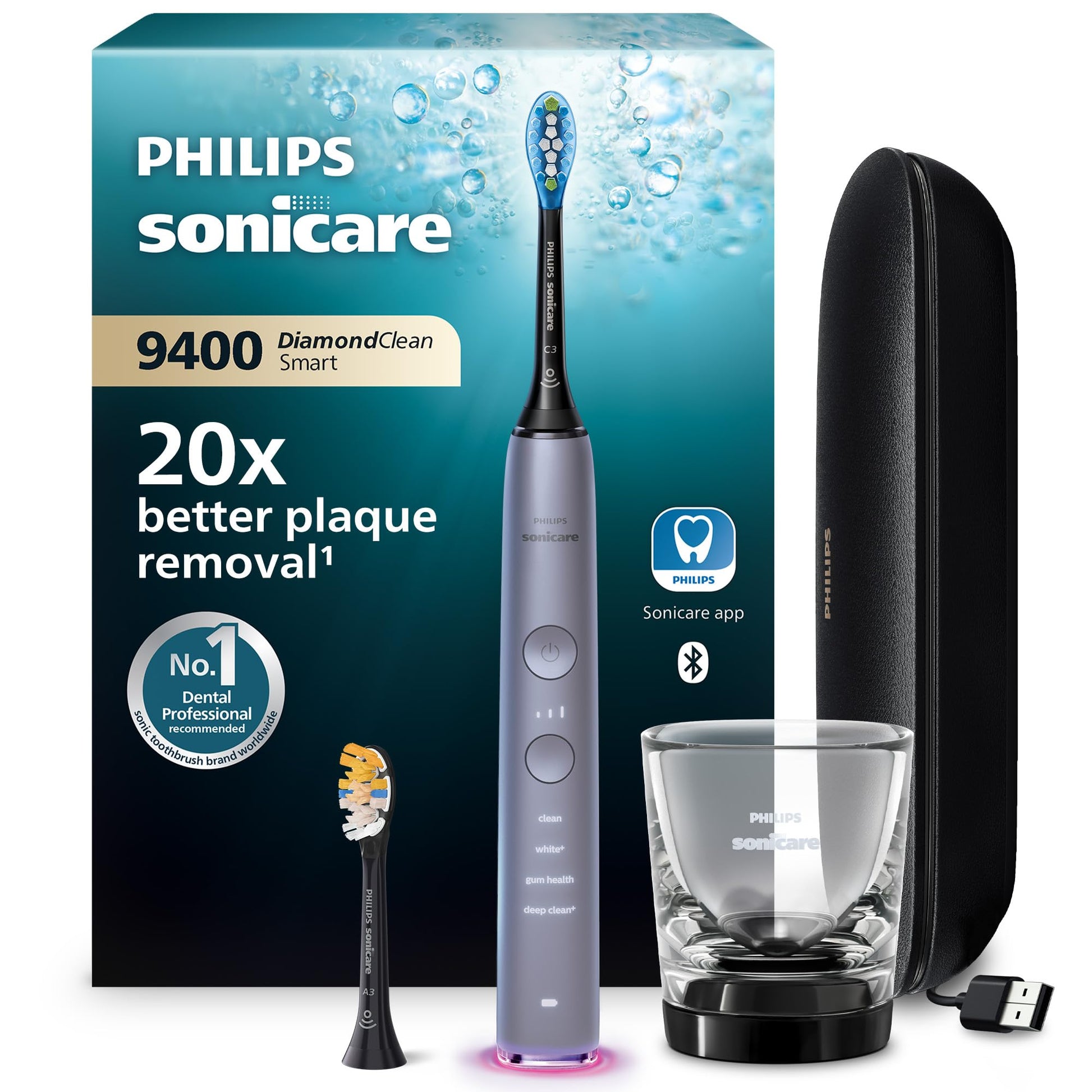 Philips Sonicare DiamondClean Smart 9400 elektriskā zobu birste, skaņas zobu birste ar lietotni, spiediena sensors, birstes galvas atpazīšana, 4 tīrīšanas režīmi un 3 intensitātes līmeņi, pelēka, modelis HX9917/90