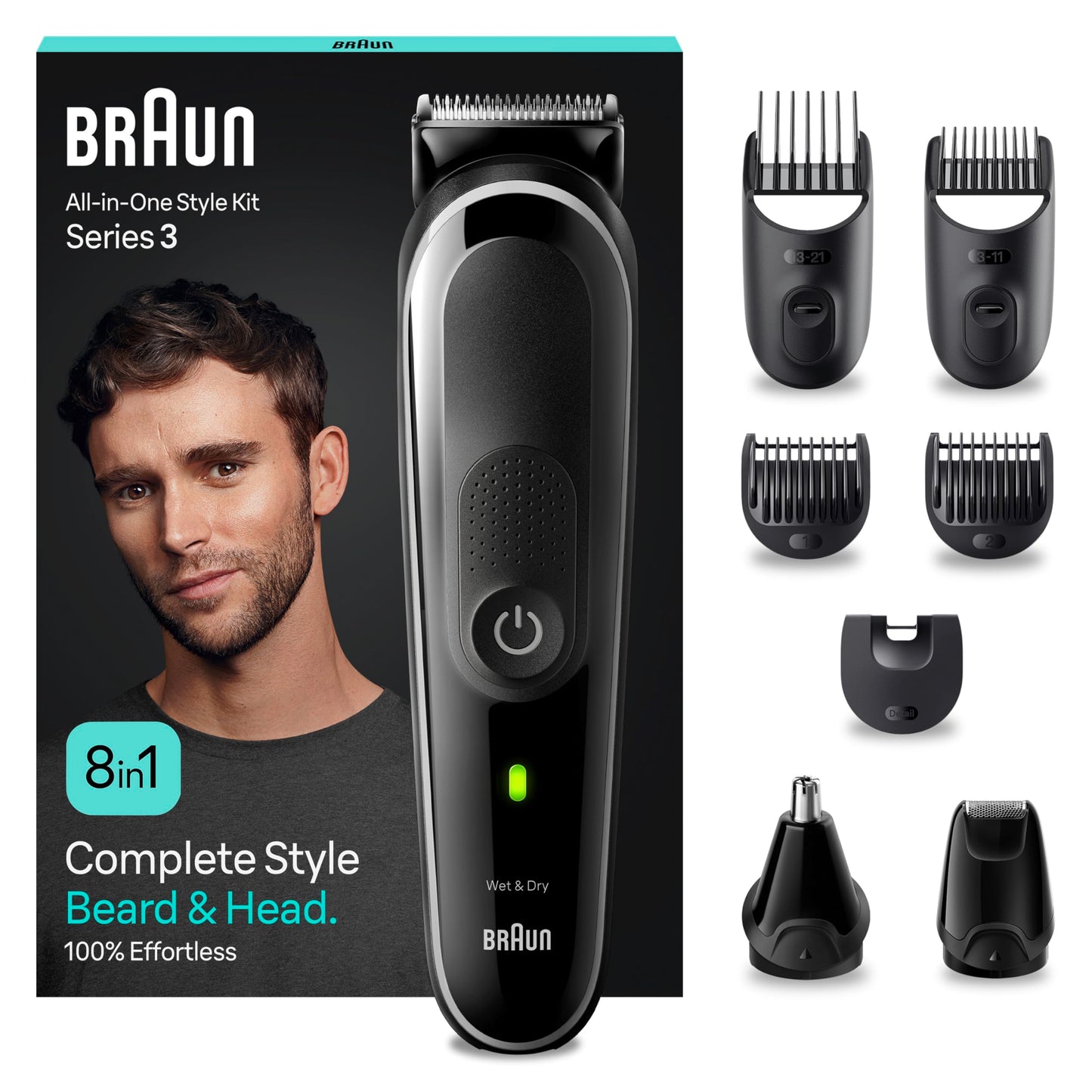 Braun All-In-One trimmeru komplekts 3, 8-in-1 multigroom, bārdas trimmeris, deguna matiņu trimmeris, matu griešanas mašīna sejai un galvai, 80 min. akumulators, 14 garumi (3–21 mm), MGK3440, melns