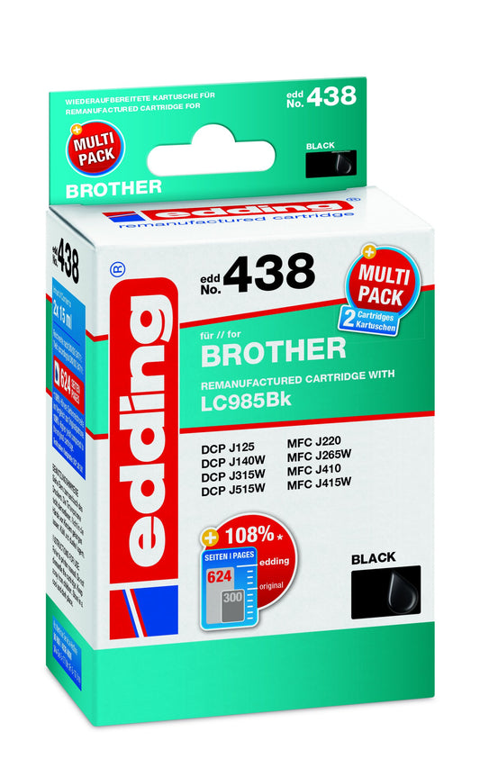 edding printera kasetne EDD-438 - dubultpaka, 2x melna, 2x 15 ml, izturība 2x 620 lapas, aizstāj Brother LC985BK