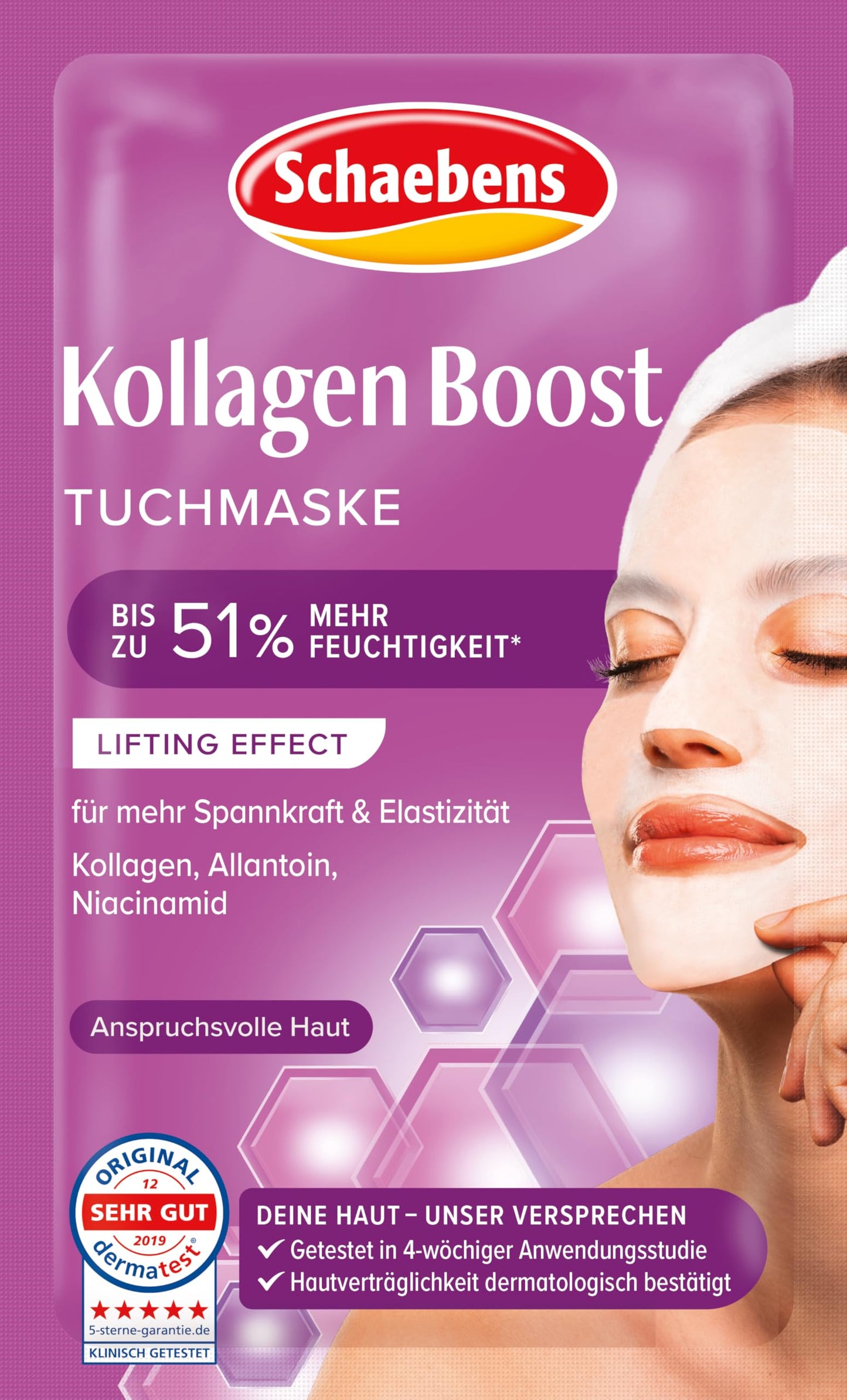 Auduma sejas maska Schaebens Kollagen Boost, pretnovecošanās efekts ar kolagēnu, alantoīnu un niacinamīdu prasīgai ādai
