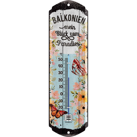 Metāla retro izkārtne LANOLU BALKONIEN ar termometru, dārza dekorācija, vintage, 8x28cm
