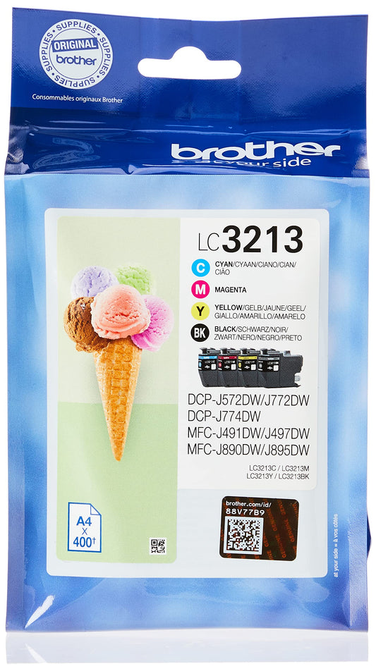 Brother LC3213VAL ink cartridges - black, cyan, magenta, yellow, 400 pages, 4-pack for high-quality printing.