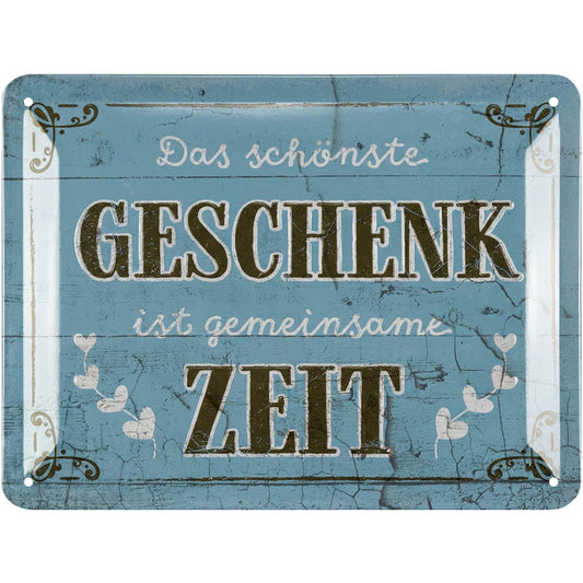 Metāla dekoratīvā zīme LANOLU Retro Blechschilder DAS SCHÖNSTE GESCHENK IST GEMEINSAME ZEIT, vintage stila sienas dekors virtuvei un dārzam, 15x20cm