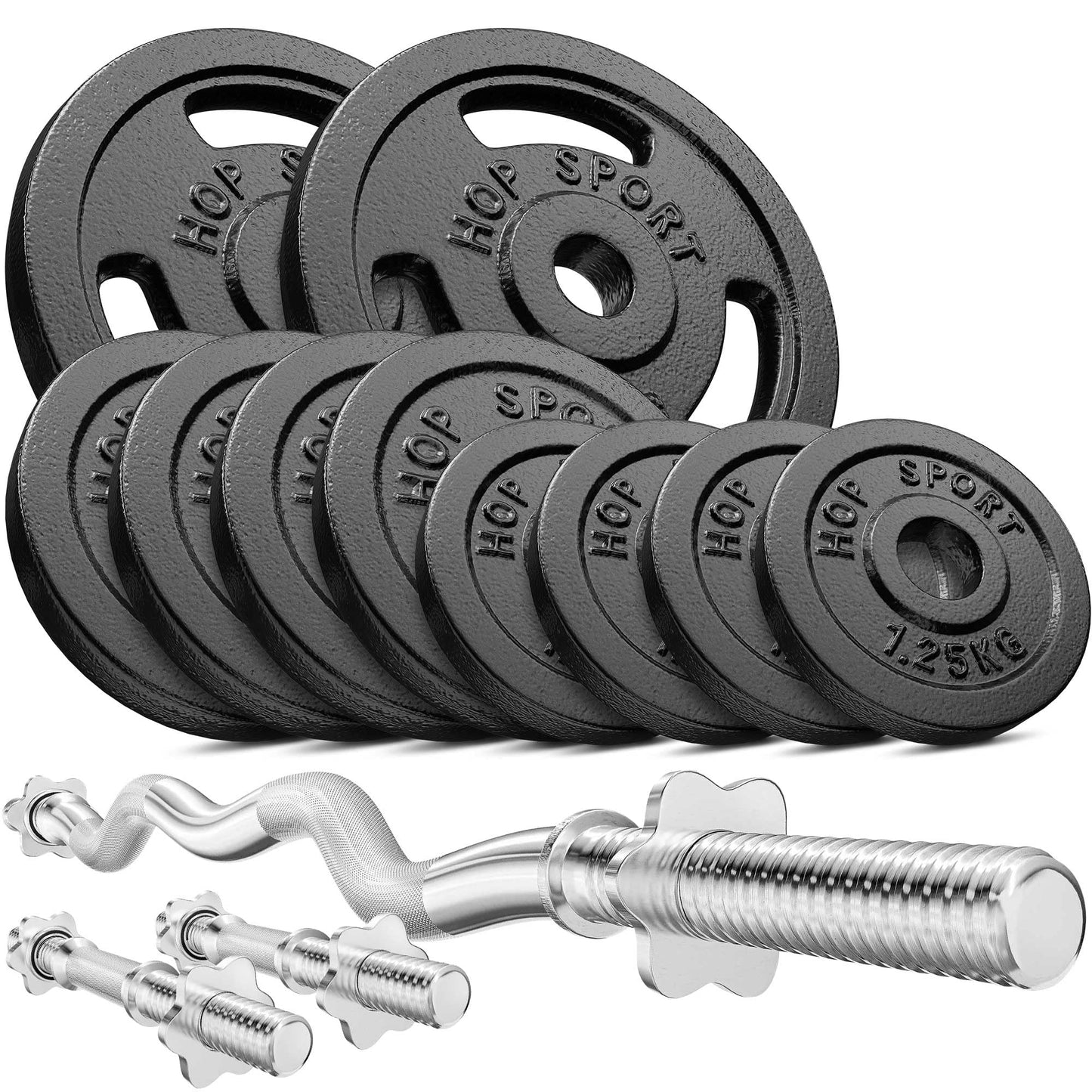 Hop-Sport čuguna hanteļu komplekts 37 kg ar SZ stieni un hantelēm, 2x 5 kg, 4x 2,5 kg, 4x 1,25 kg komplekts, iekļauts curl stienis, hanteļu stieņi un zvaigžņu fiksatori, mājas sporta zālei, maksimālā slodze 150 kg