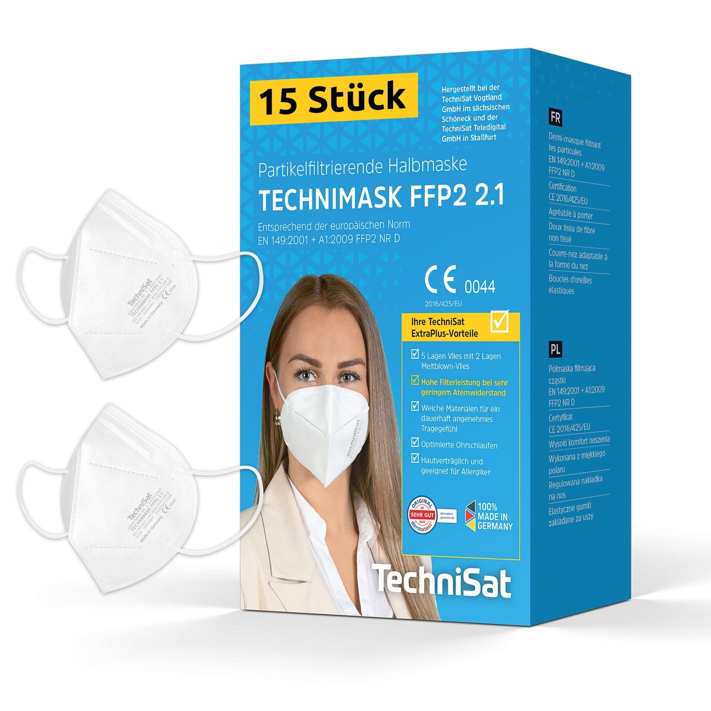 FFP2 maskas TechniSat TECHNIMASK 2.1, 15 gab., no Vācijas, 5 slāņu, Dolomīta putekļu pārbaudītas, ar zemu elpošanas pretestību, Made in Germany