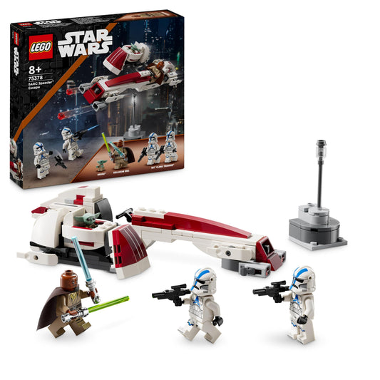 LEGO Zvaigžņu kari BARC Speeder - rotaļlietu velosipēds ar sānu piekabi, ietver Kelleran Beq un Grogu figūras, 75378.