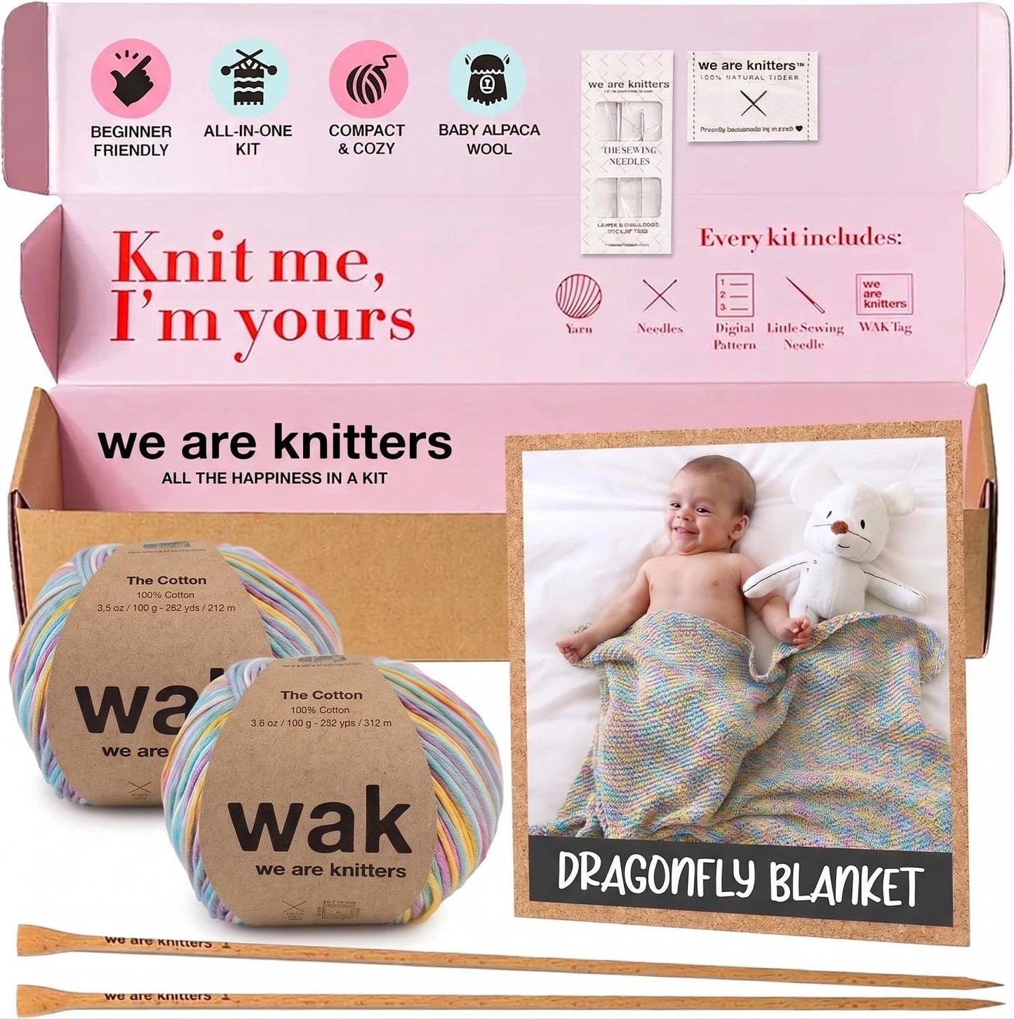 Adīšanas komplekts We Are Knitters Dragonfly Blanket Kit Coral Reef krāsā, iesācējiem, 100% Pima kokvilna, pilns DIY komplekts ar adatām un instrukciju, bērnu sega