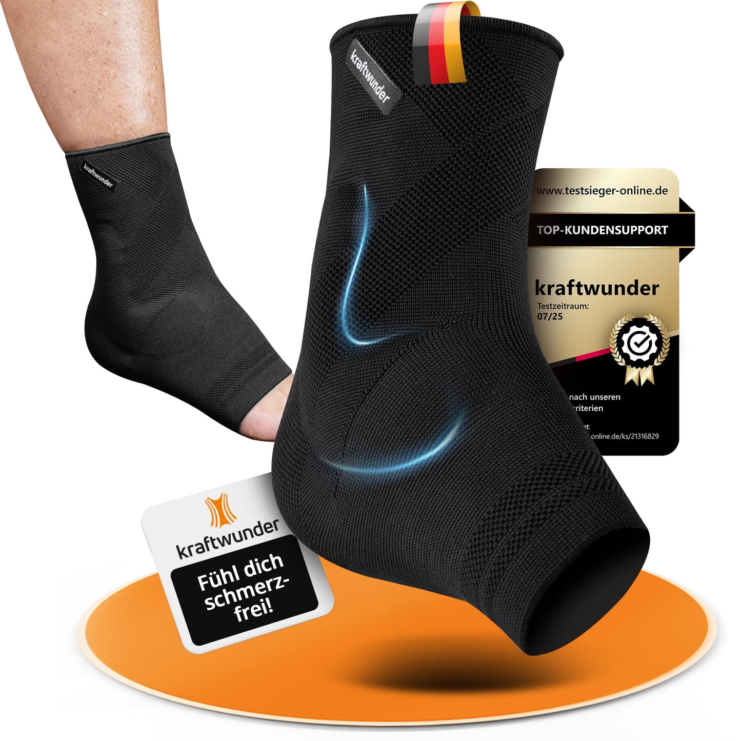 Potītes bandāža kraftwunder Made in Germany – potītes ortoze ar silikona spilventiņiem, kompresijas bandāža potītei sportam un ikdienai, neslīdoša apavā (melna, M, kreisā)