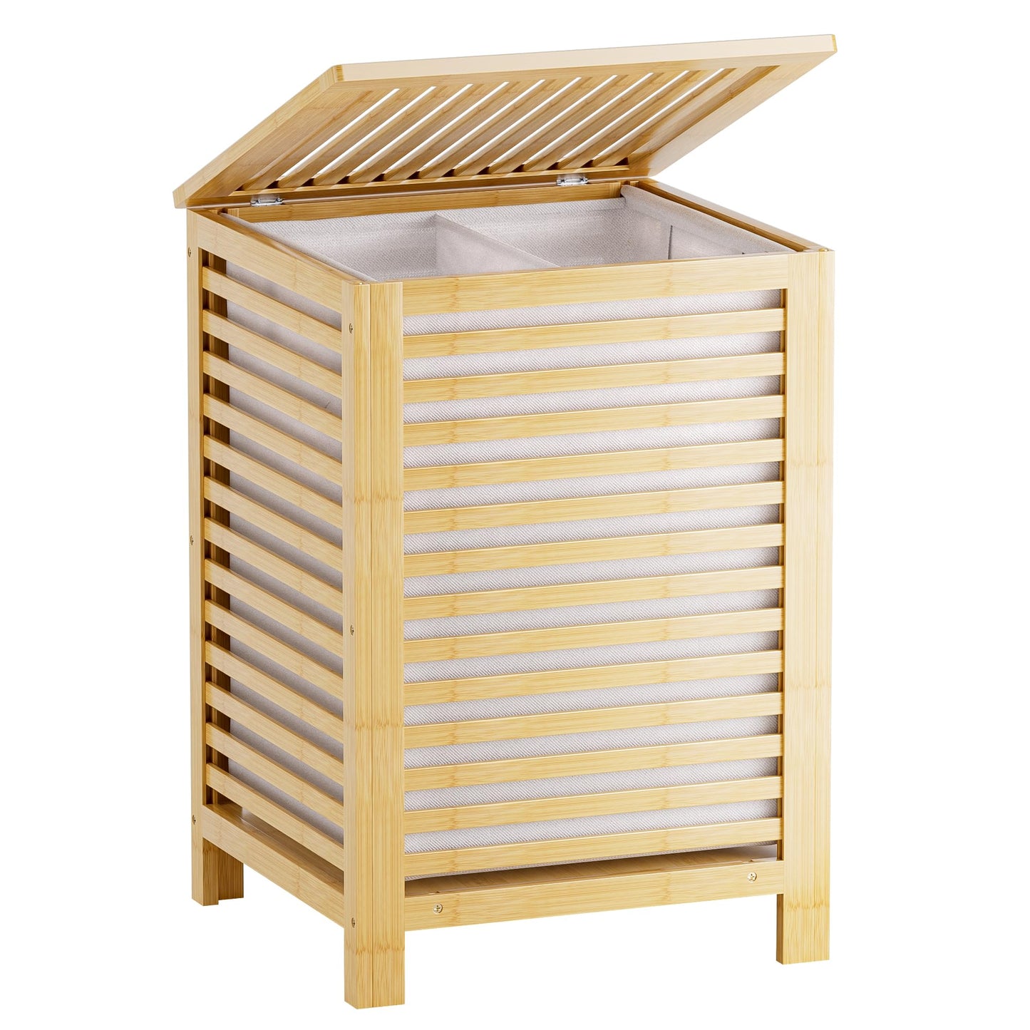 Veļas grozs SMIBUY no bambusa ar vāku, 2 nodalījumi, 120 l, apģērbam, rotaļlietām un dvieļiem, dabīgs, 47 x 47 x 65 cm