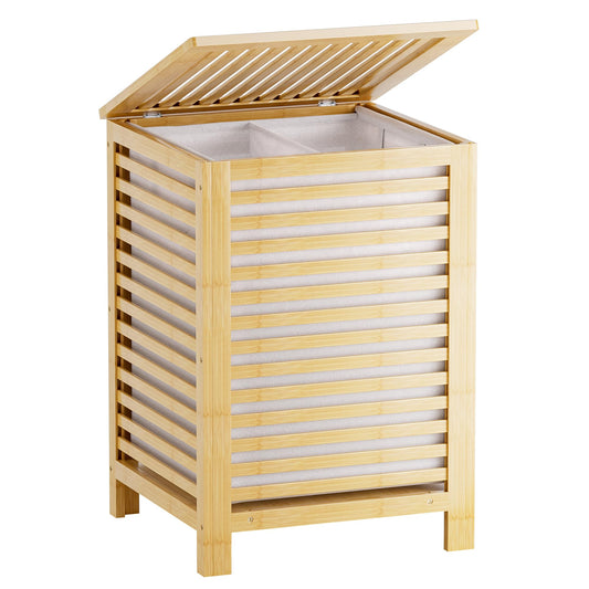 Veļas grozs SMIBUY no bambusa ar vāku, 2 nodalījumi, 120 l, apģērbam, rotaļlietām un dvieļiem, dabīgs, 47 x 47 x 65 cm
