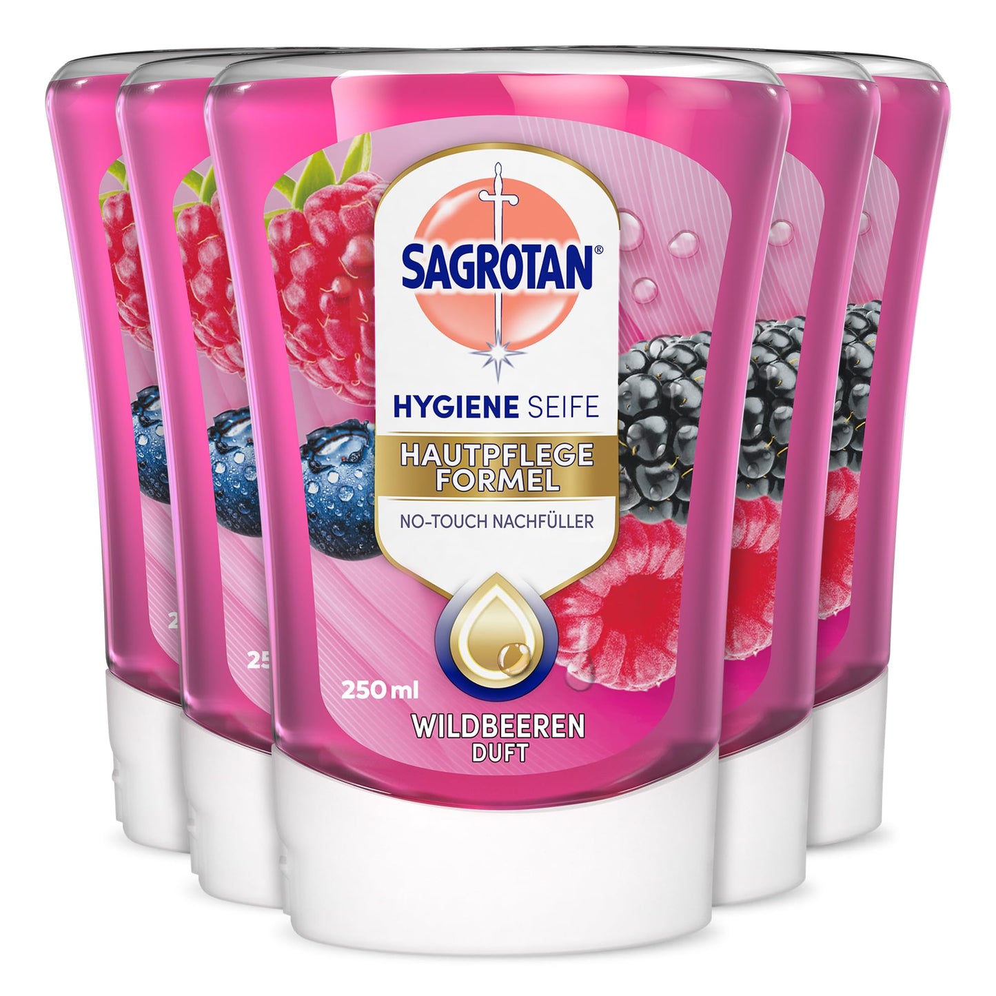 No-Touch uzpilde Sagrotan Wildbeeren - automātiskajam ziepju dozatoram - 5 x 250 ml šķidrās roku ziepes