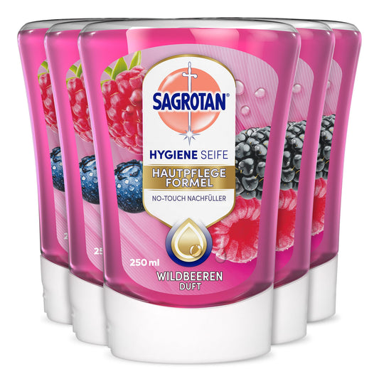 No-Touch uzpilde Sagrotan Wildbeeren - automātiskajam ziepju dozatoram - 5 x 250 ml šķidrās roku ziepes